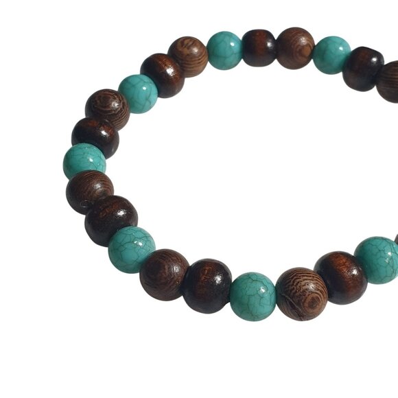 Natural Wood Blue Bead Stretch Bracelet Handmade Unique Elastic Design Gift - Picture 3 of 4